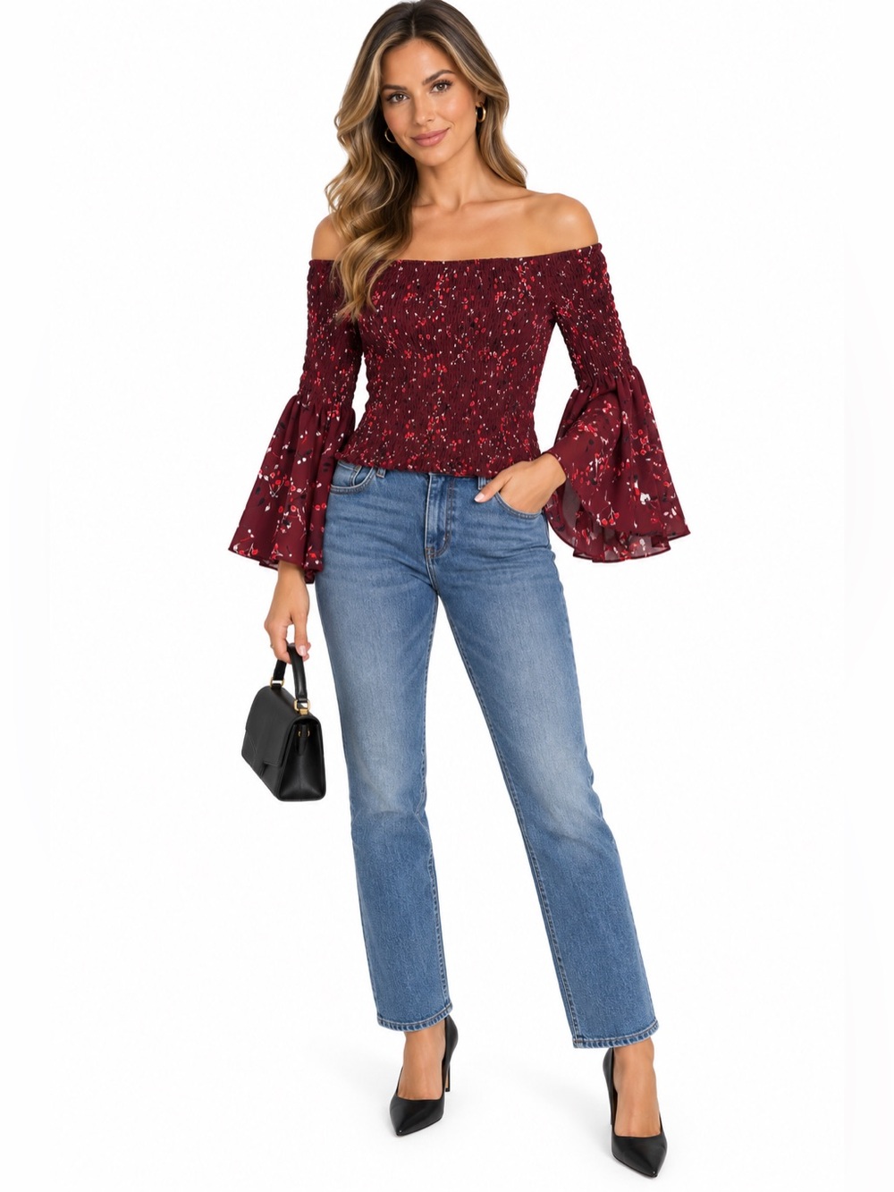 Express Burgundy Floral Smocked Off Shoulder Bell Sleeve Top Size M